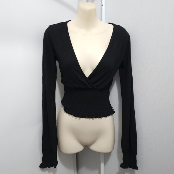 Aus S Glassons Black Wrap Front Long Sleeve Stretch Crop Top - Picture 2 of 16